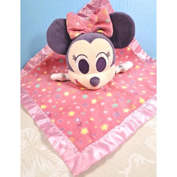 Disney Minnie Mouse Baby Blanket Lovey Rattle Pink Satin Shooting Stars Toy - Picture 1 of 8